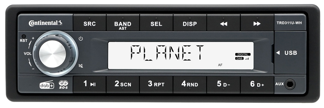  A car stereo system from Continental displaying the word "PLANET" on its screen. The system features buttons for source, band, selection, display, volume, and other functions, along with a USB port, auxiliary input, and radio presets.